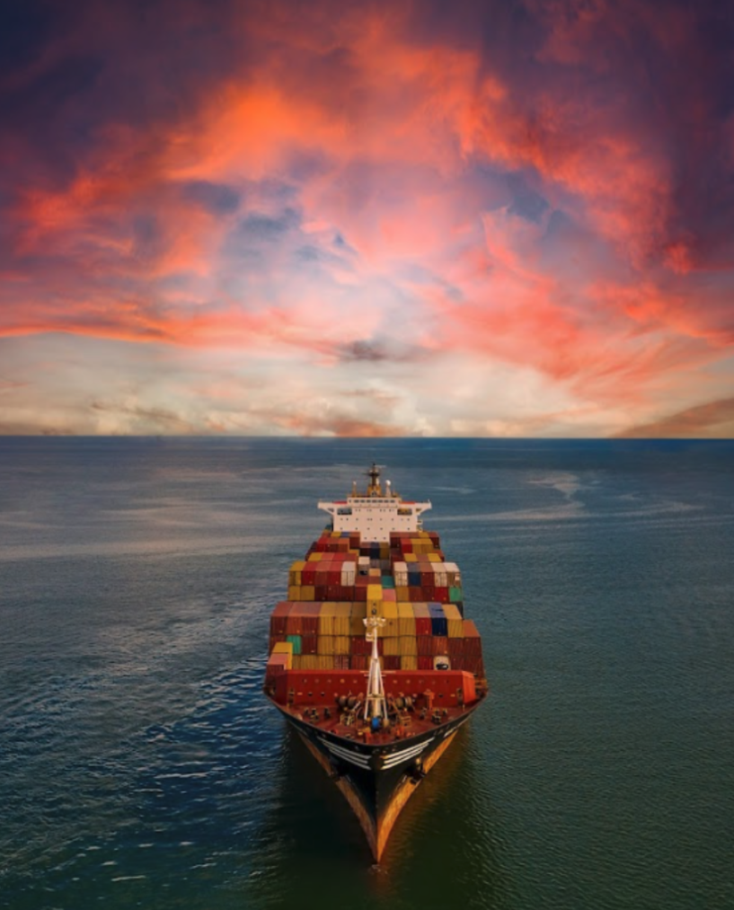 Cargo ship loaded with shipping containers at sunset